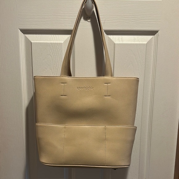 Structured Cream Tote Bag with Outside Pockets - Picture 1 of 10